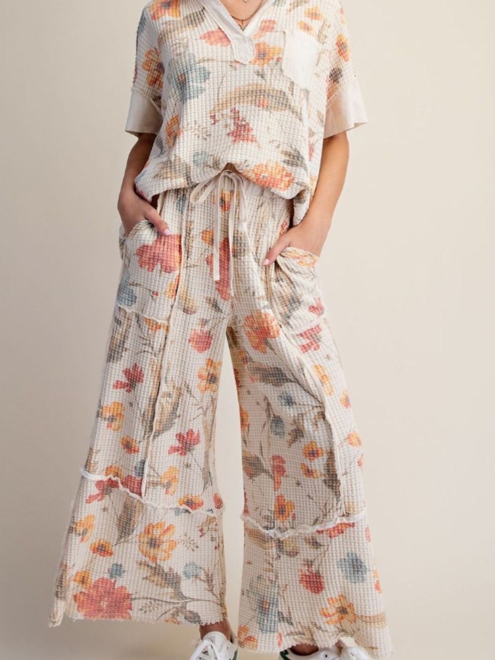 Easel Floral Waffle-Knit Wide Leg Pants - Cream Floral